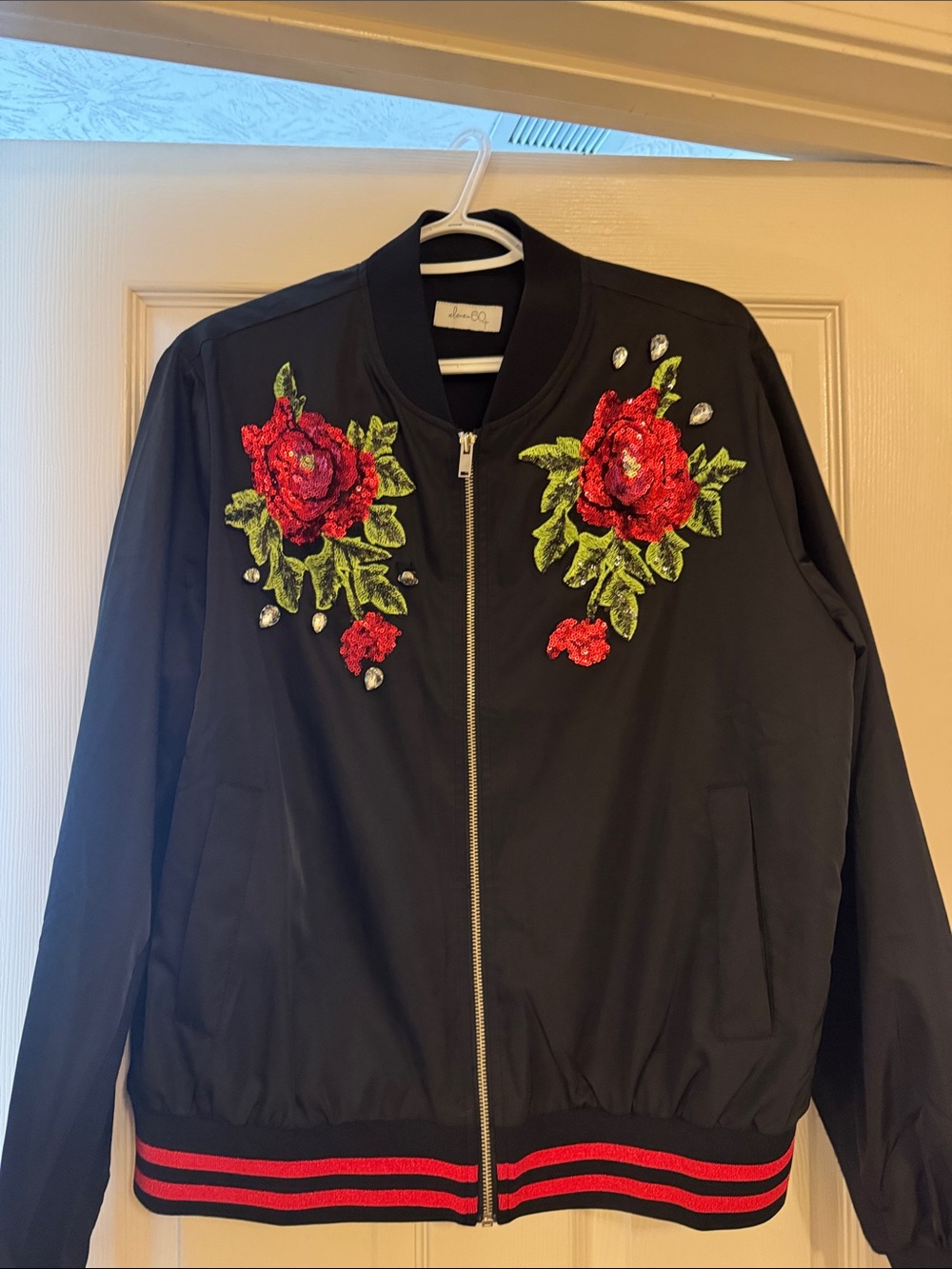 Embellished Black Bomber Jacket with Red Floral Appliqué In Beautiful Condition